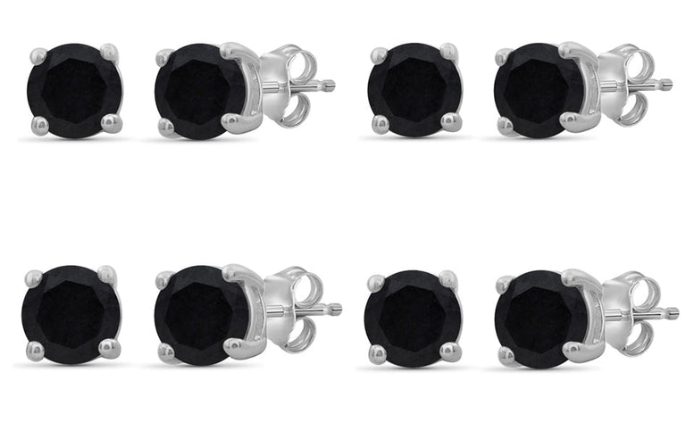 18k White Gold Plated Created Black Sapphire 1Ct Round Set of Four Stud Earrings