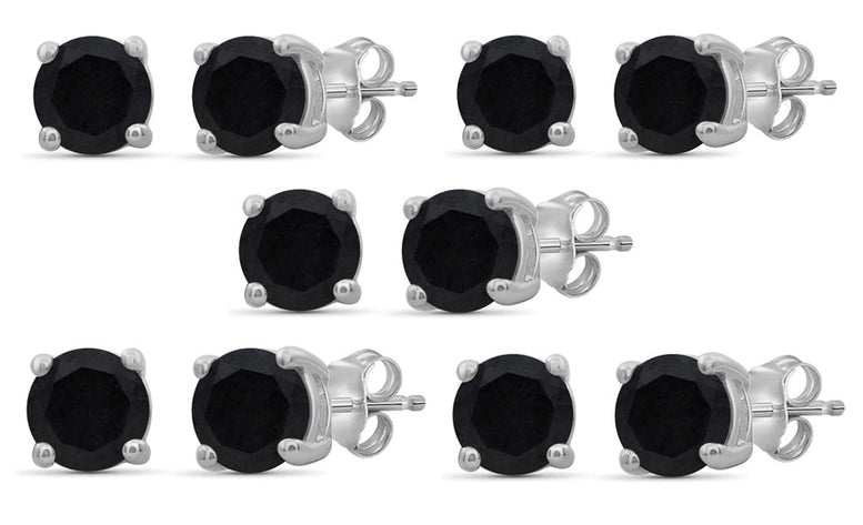 10k White Gold Plated Created Black Sapphire 3Ct Round Set of Five Stud Earrings