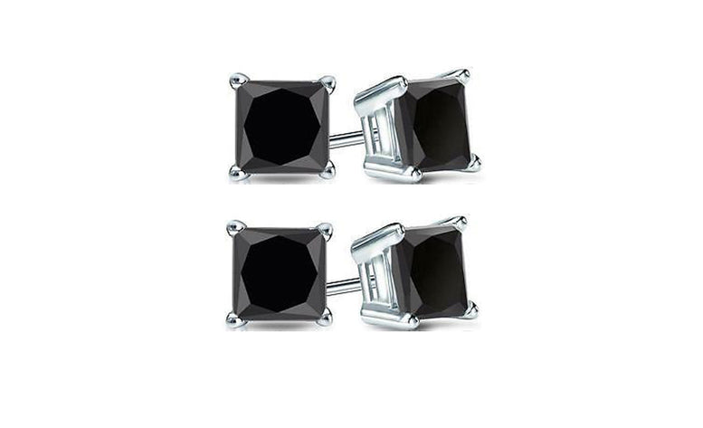 10k White Gold Plated Created Black Sapphire 1Ct Princess Cut Pack of Two Stud Earrings