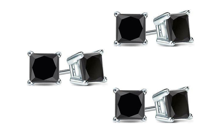 18k White Gold Plated Created Black Sapphire 1/2Ct Princess Cut Pack of Three Stud Earrings