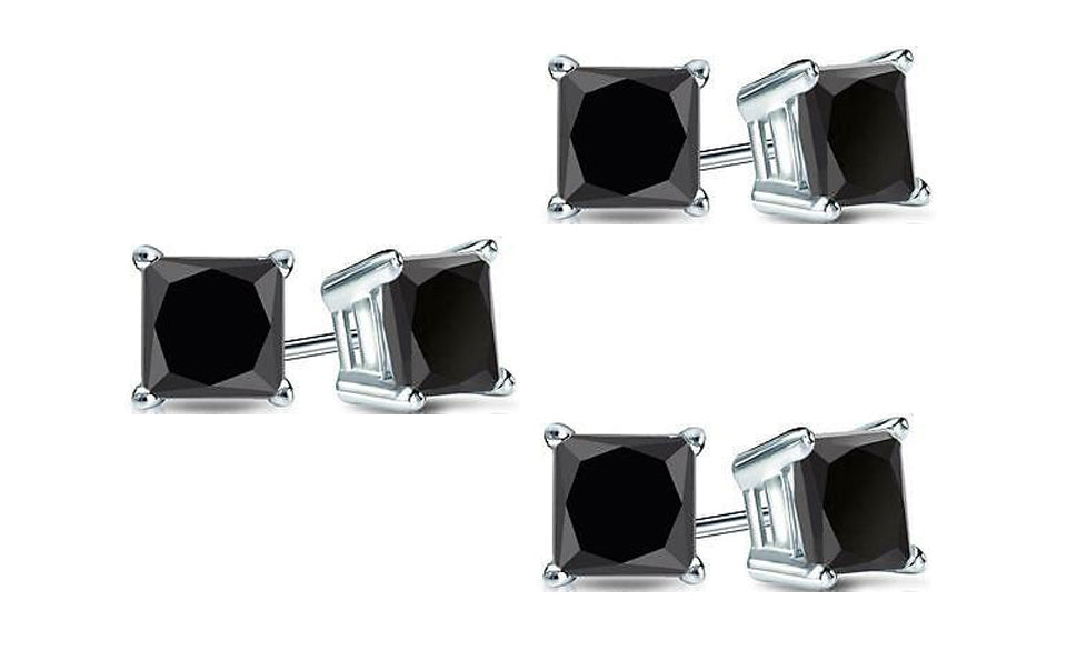 10k White Gold Plated Created Black Sapphire 1/2Ct Princess Cut Pack of Three Stud Earrings