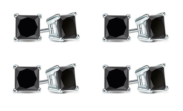 18k White Gold Plated Created Black Sapphire 4Ct Princess Cut Pack of Four Stud Earrings