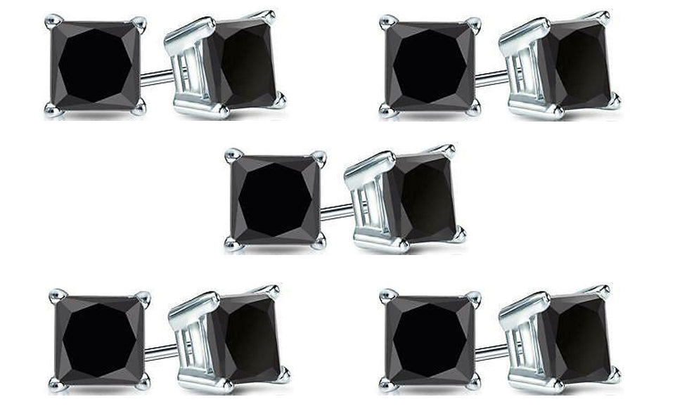 18k White Gold Plated Created Black Sapphire 1/2Ct Princess Cut Pack of Five Stud Earrings