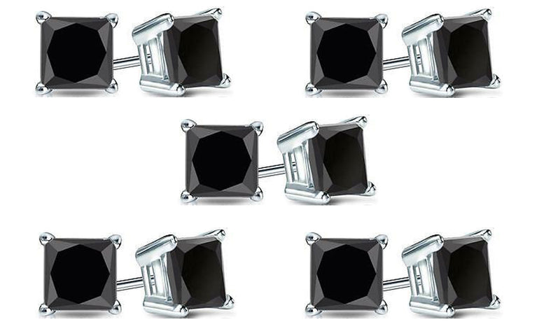 18k White Gold Plated Created Black Sapphire 2Ct Princess Cut Pack of Five Stud Earrings