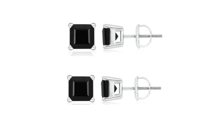 10k White Gold Plated Created Black Sapphire 4Ct Square Cut Pack of Two Stud Earrings