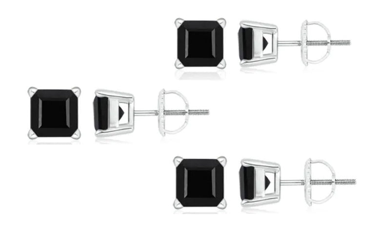 18k White Gold Plated Created Black Sapphire 4Ct Square Cut Pack of Three Stud Earrings