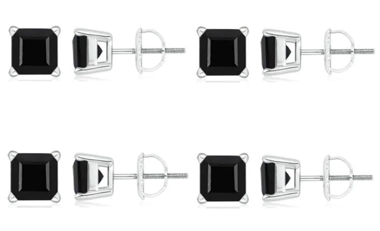 10k White Gold Plated Created Black Sapphire 2Ct Square Cut Pack of Four Stud Earrings