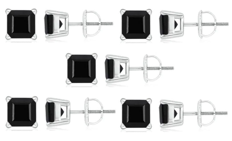 18k White Gold Plated Created Black Sapphire 1Ct Square Cut Pack of Five Stud Earrings