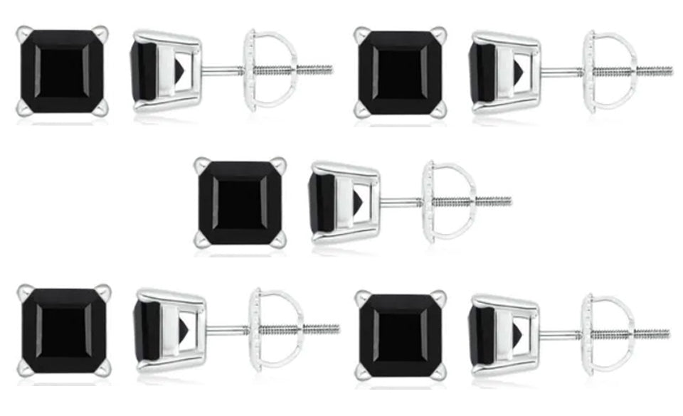 10k White Gold Plated Created Black Sapphire 2Ct Square Cut Pack of Five Stud Earrings
