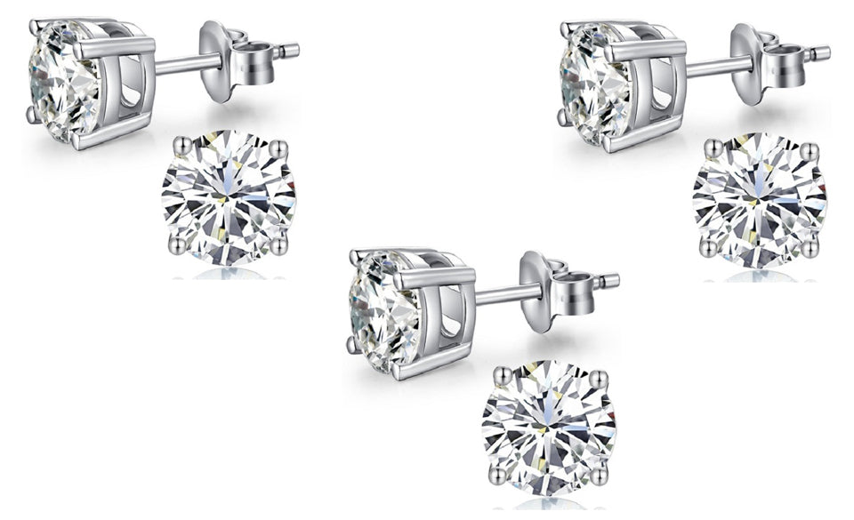 10k White Gold Plated Created White Sapphire 1Ct Round Pack of Three Stud Earrings