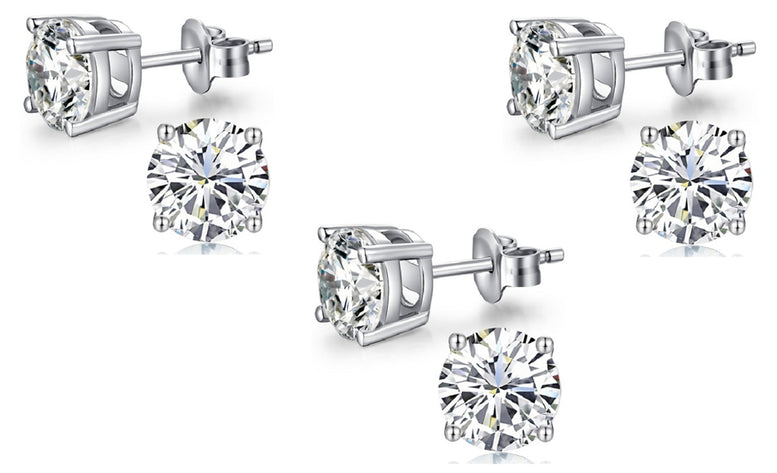 18k White Gold Plated Created White Sapphire 1Ct Round Pack of Three Stud Earrings