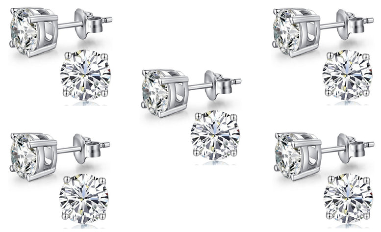 18k White Gold Plated Created White Sapphire 4Ct Round Pack of Five Stud Earrings