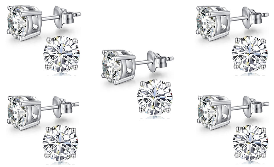 10k White Gold Plated Created White Sapphire 4Ct Round Pack of Five Stud Earrings