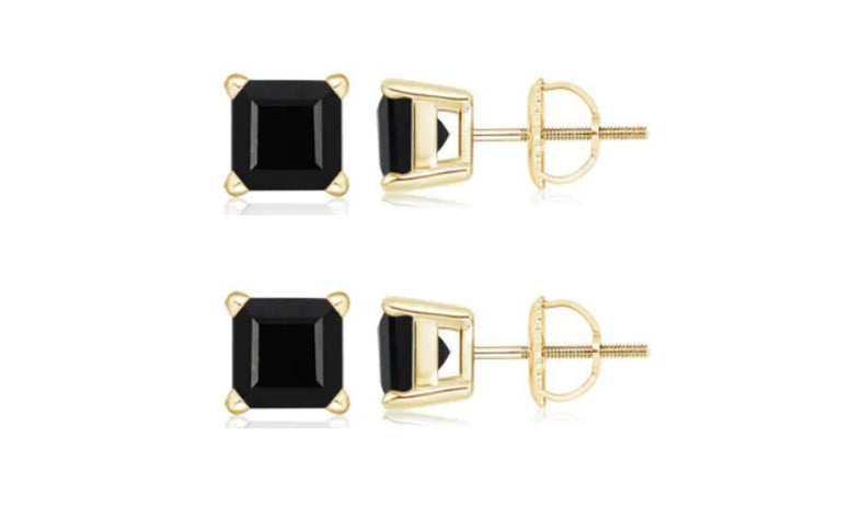 18k Yellow Gold Plated Created Black Sapphire 3 Carat Square Cut Pack of Two Stud Earrings