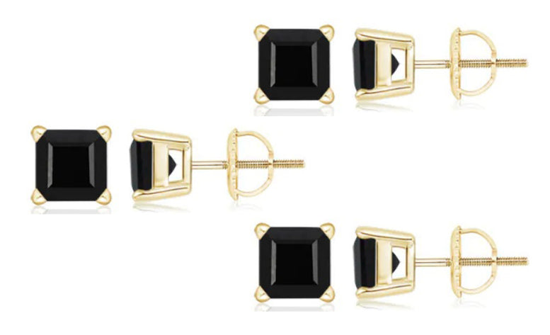 10k Yellow Gold Plated Created Black Sapphire 3 Carat Square Cut Pack of Three Stud Earrings