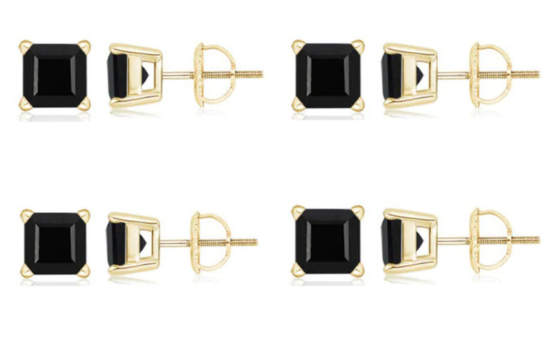 10k Yellow Gold Plated Created Black Sapphire 2Carat Square Cut Pack of Four Stud Earrings