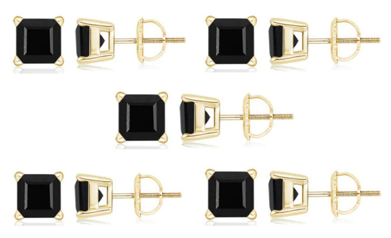 10k Yellow Gold Plated Created Black Sapphire 1Carat Square Cut Pack of Five Stud Earrings