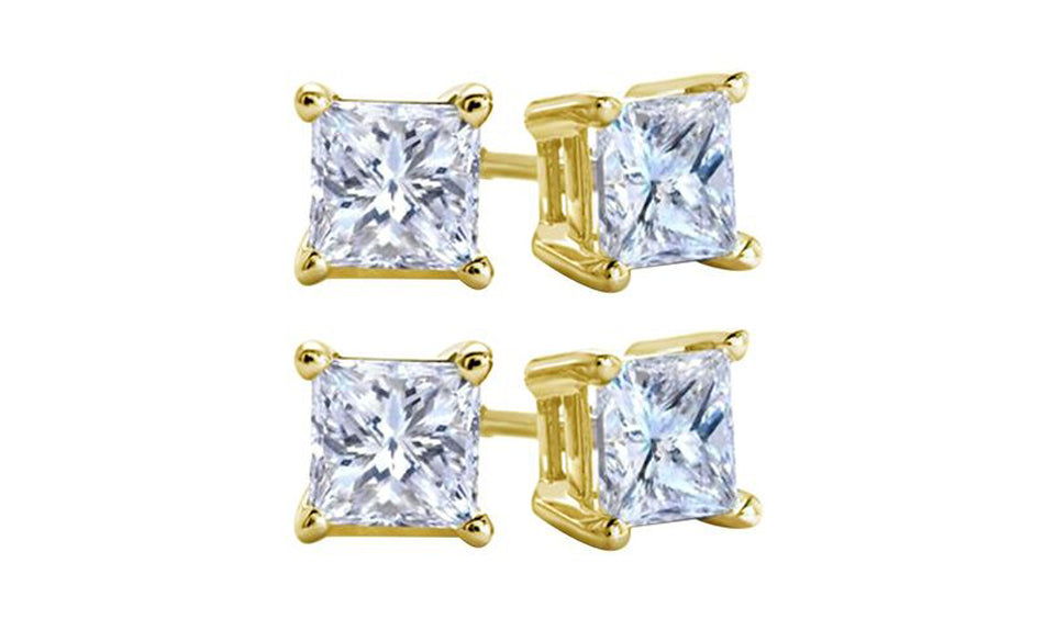 18k Yellow Gold Plated Created White Sapphire 4 Carat Square Cut Pack of Two Stud Earrings