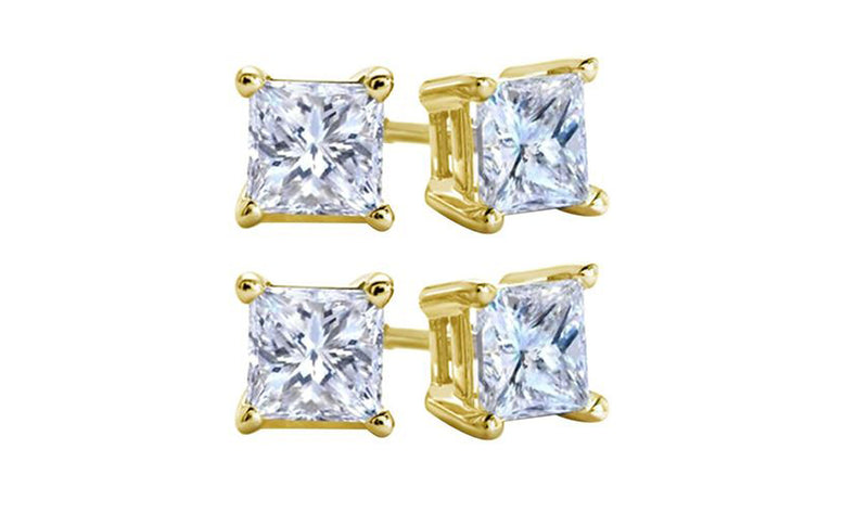 18k Yellow Gold Plated Created White Sapphire 4 Carat Square Cut Pack of Two Stud Earrings