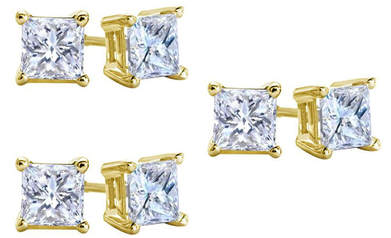 10k Yellow Gold Plated Created White Sapphire 4 Carat Square Cut Pack of Three Stud Earrings