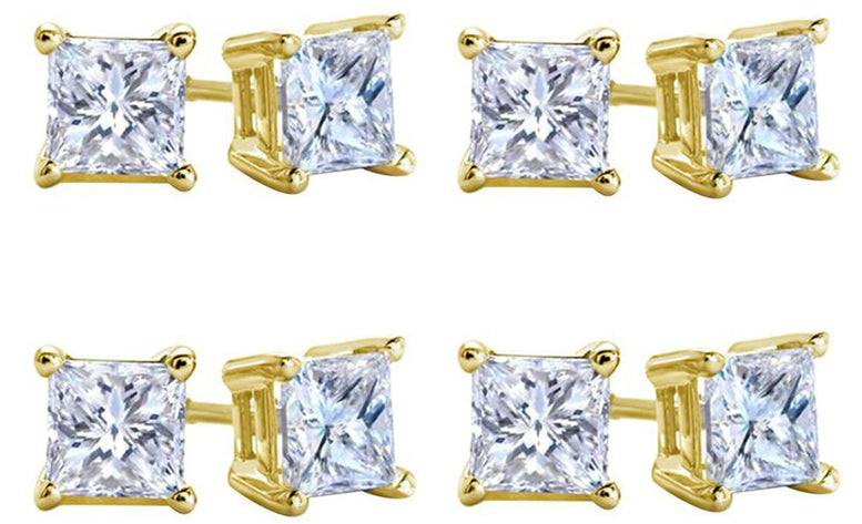 10k Yellow Gold Plated Created White Sapphire 4 Carat Square Cut Pack of Four Stud Earrings