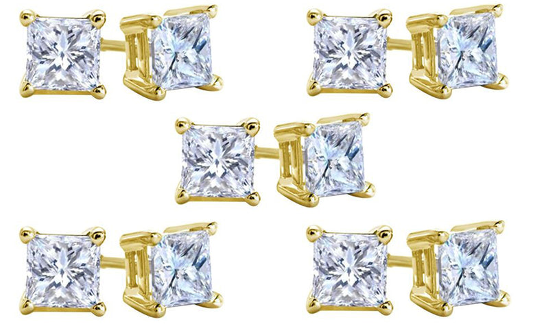 18k Yellow Gold Plated Created White Sapphire 2 Carat Square Cut Pack of Five Stud Earrings