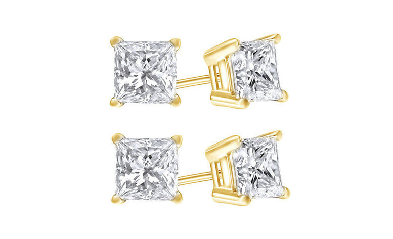 18k Yellow Gold Plated Created White Sapphire 4 Carat Princess Cut Pack of Two Stud Earrings