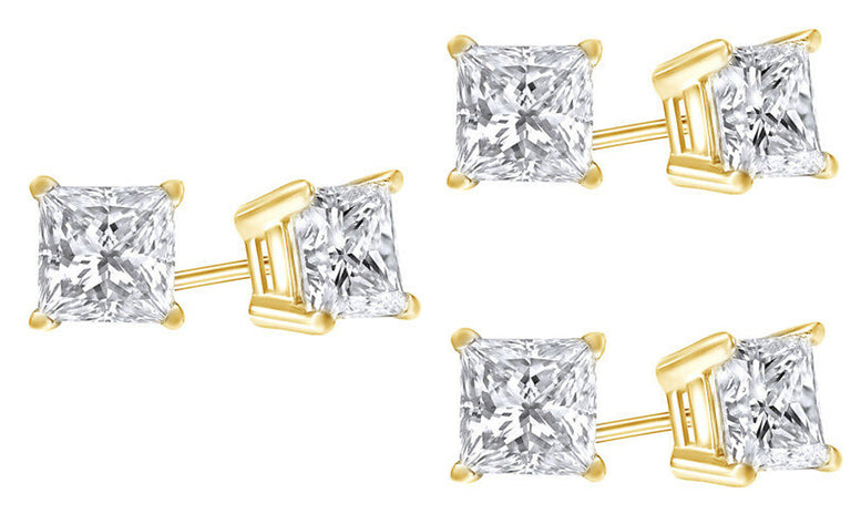 10k Yellow Gold Plated Created White Sapphire 1 Carat Princess Cut Pack of Three Stud Earrings