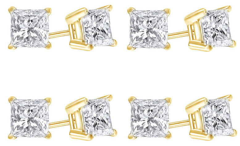 18k Yellow Gold Plated Created White Sapphire 1/2 Carat Princess Cut Pack of Four Stud Earrings