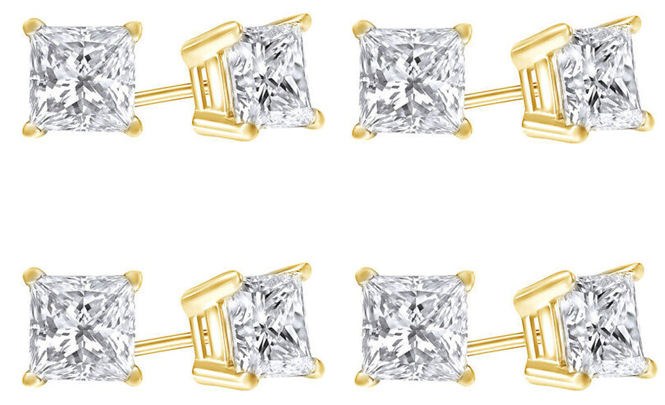 10k Yellow Gold Plated Created White Sapphire 1 Carat Princess Cut Pack of Four Stud Earrings