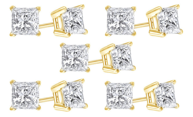 10k Yellow Gold Plated Created White Sapphire 2 Carat Princess Cut Pack of Five Stud Earrings
