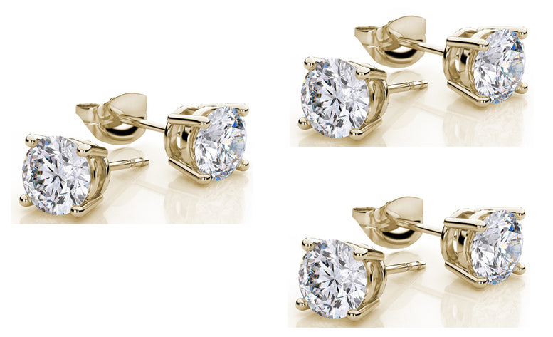 10k Yellow Gold Plated Created White Sapphire 1 Carat Round Pack of Three Stud Earrings
