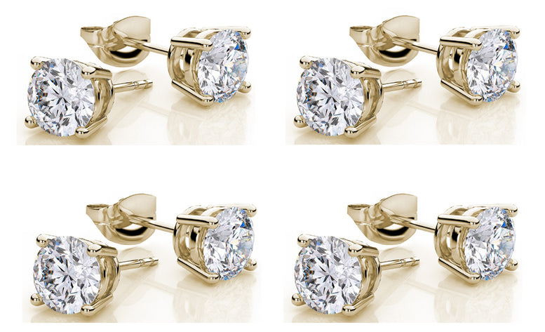 18k Yellow Gold Plated Created White Sapphire 4 Carat Round Pack of Four Stud Earrings