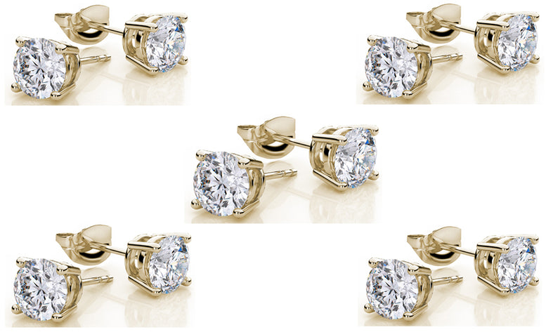 18k Yellow Gold Plated Created White Sapphire 4 Carat Round Pack of Five Stud Earrings