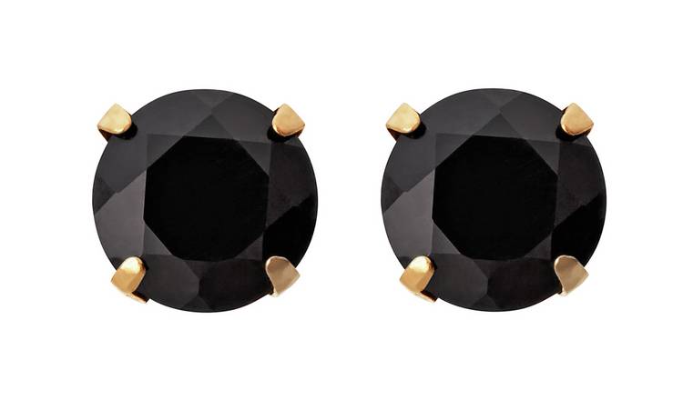 18k Yellow Gold Plated Created Black Sapphire 2 Carat Round Stud Earrings