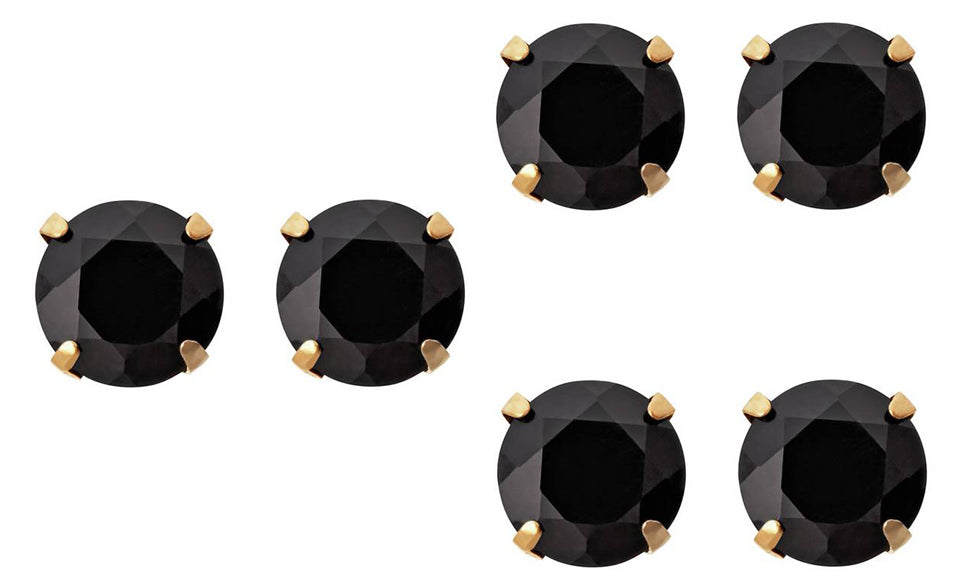 18k Yellow Gold Plated Created Black Sapphire 2 Carat Round Pack of Three Stud Earrings