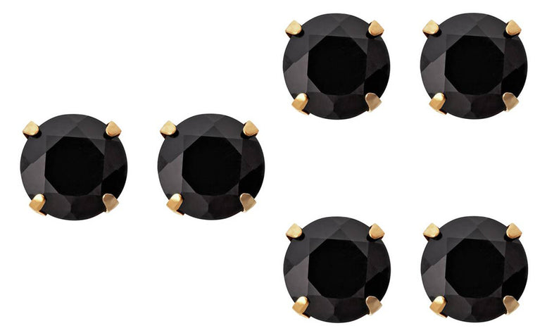 10k Yellow Gold Plated Created Black Sapphire 1 Carat Round Pack of Three Stud Earrings