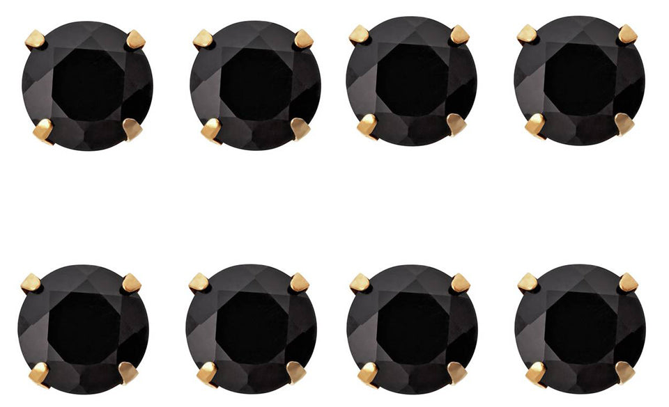18k Yellow Gold Plated Created Black Sapphire 4 Carat Round Pack of Four Stud Earrings