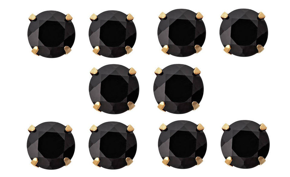 18k Yellow Gold Plated Created Black Sapphire 2 Carat Round Pack of Five Stud Earrings