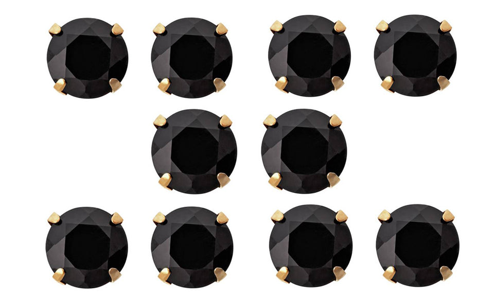 10k Yellow Gold Plated Created Black Sapphire 1 Carat Round Pack of Five Stud Earrings