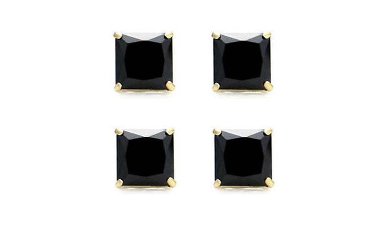 18k Yellow Gold Plated Created Black Sapphire 1 Carat Princess Cut Pack of Two Stud Earrings