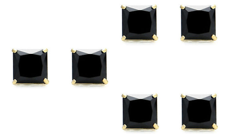18k Yellow Gold Plated Created Black Sapphire 1 Carat Princess Cut Pack of Three Stud Earrings