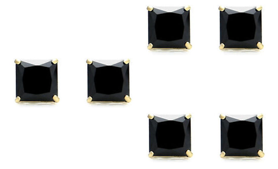 18k Yellow Gold Plated Created Black Sapphire 2 Carat Princess Cut Pack of Three Stud Earrings