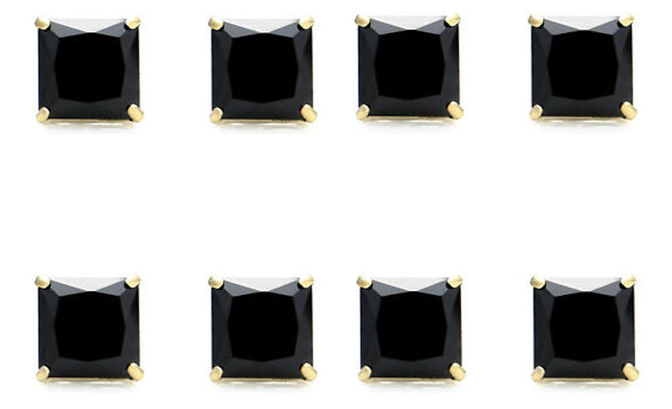 10k Yellow Gold Plated Created Black Sapphire 1/2 Carat Princess Cut Pack of Four Stud Earrings