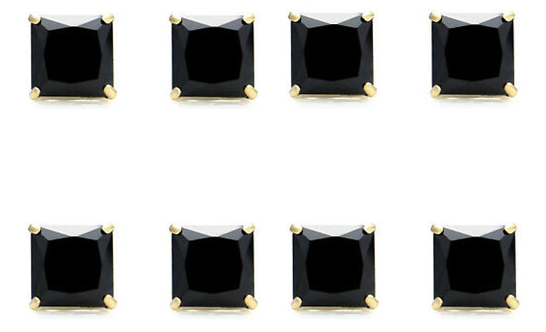 10k Yellow Gold Plated Created Black Sapphire 2 Carat Princess Cut Pack of Four Stud Earrings