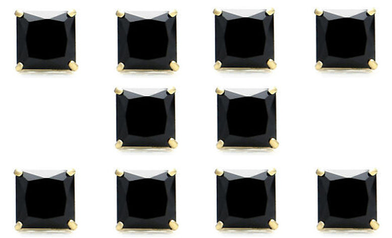 18k Yellow Gold Plated Created Black Sapphire 1/2 Carat Princess Cut Pack of Five Stud Earrings