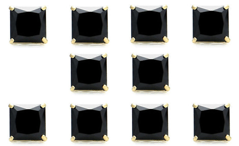 18k Yellow Gold Plated Created Black Sapphire 3 Carat Princess Cut Pack of Five Stud Earrings