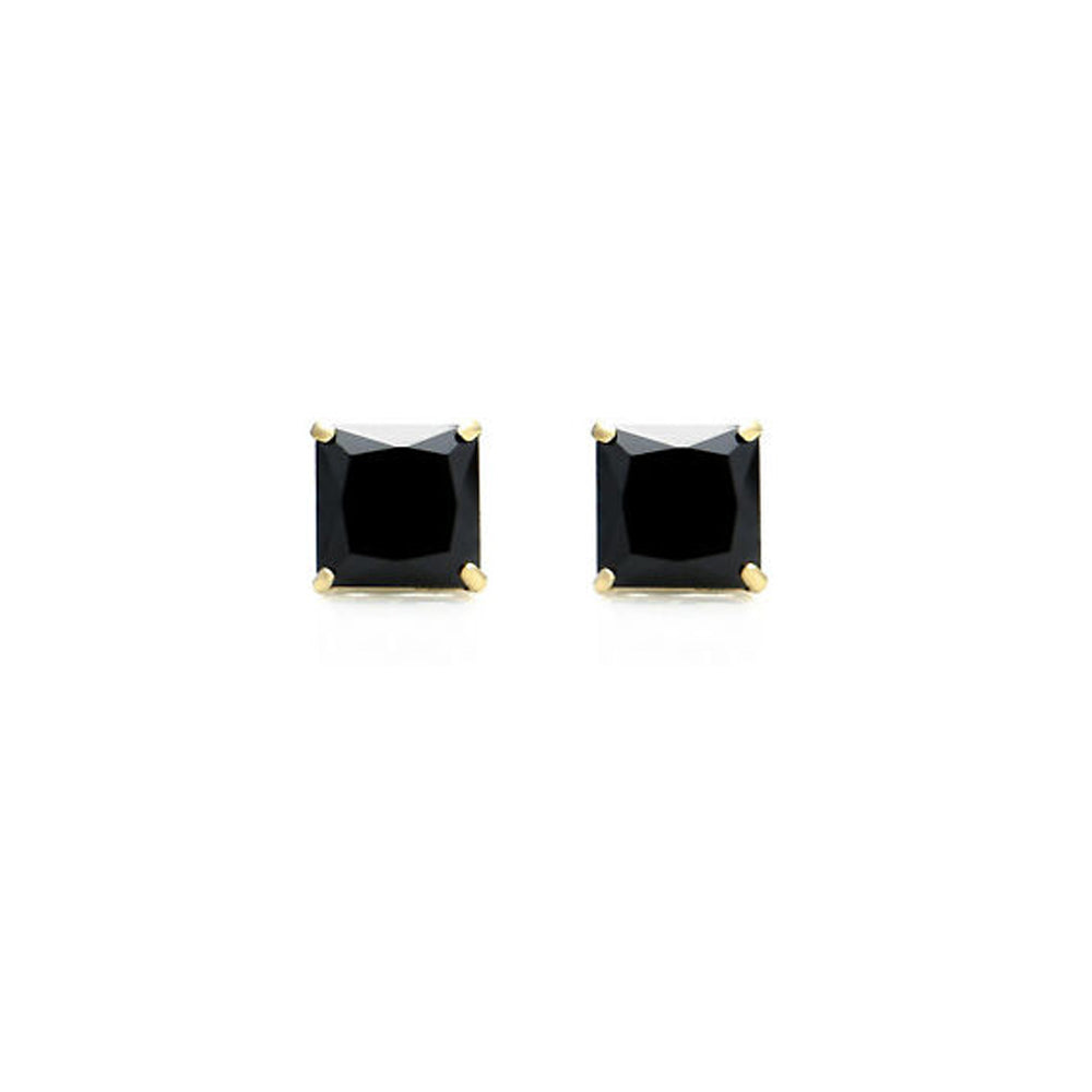 18k Yellow Gold Plated Created Black Sapphire 3 Carat Princess Cut Stud Earrings