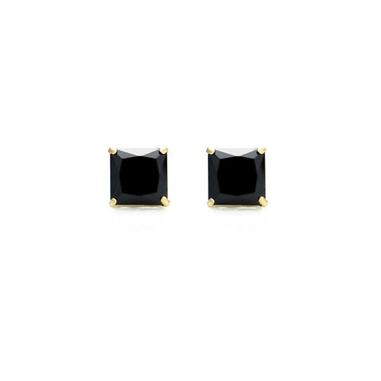 18k Yellow Gold Plated Created Black Sapphire 2 Carat Princess Cut Stud Earrings