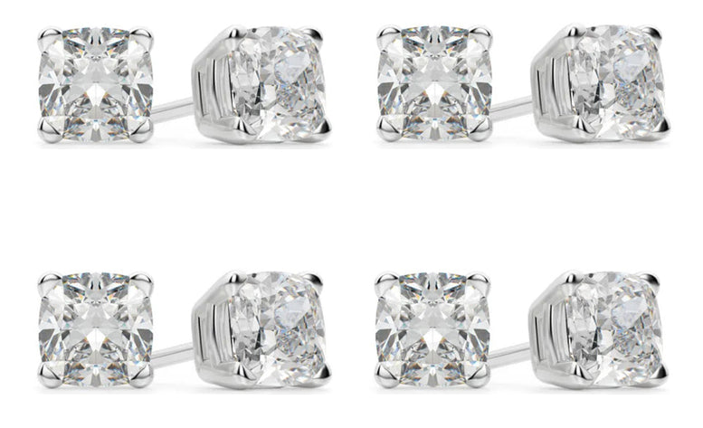 14k White Gold 6mm 2Ct Cushion Cut White Sapphire Set Of Four Stud Earrings Plated